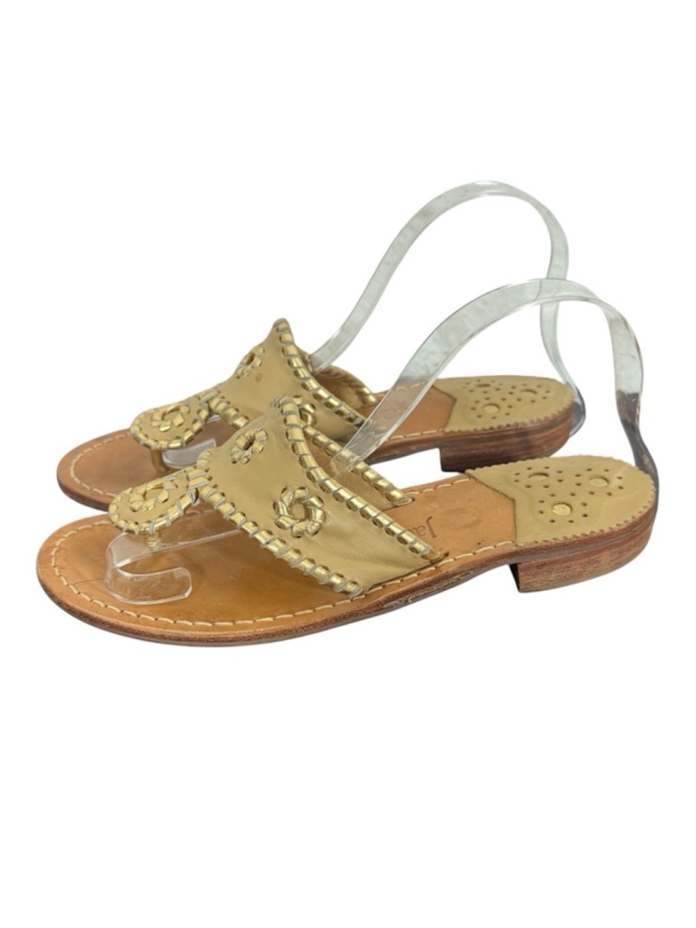 Jack Rogers Jacks Leather Flat Sandals 7 Women Beige Gold Whipstitch $138 Resort